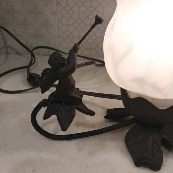 Vintage-Inspired Bronze Cherub Accent Lamp Tulip Frosted Glass Shade Nightlight - Picture 8 of 16